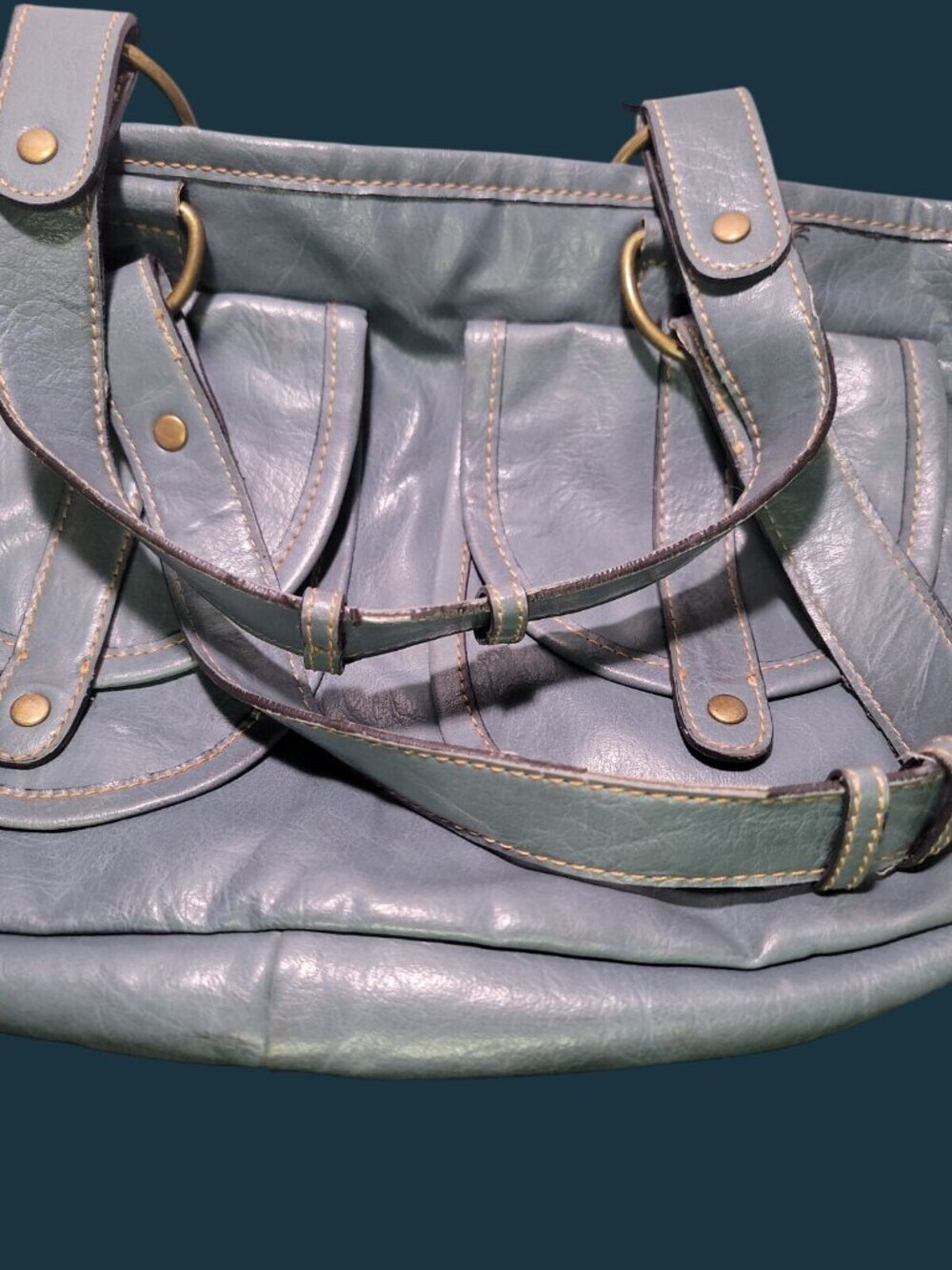 Liz & Co Vintage Blue Utility Satchel Double Handle Shoulder Bag Pocket Y2K - Picture 10 of 12